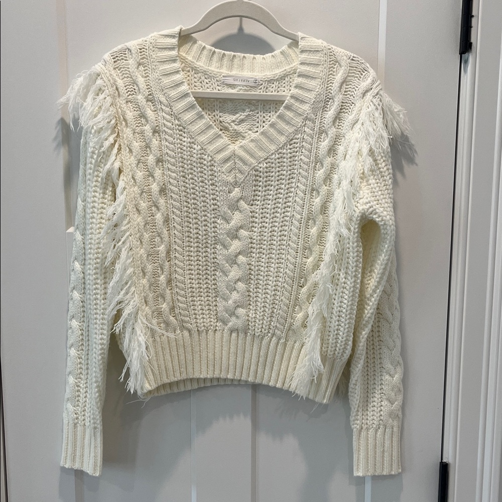 Six-Fifty Cream V-Neck Cable Knit Sweater with Fringe